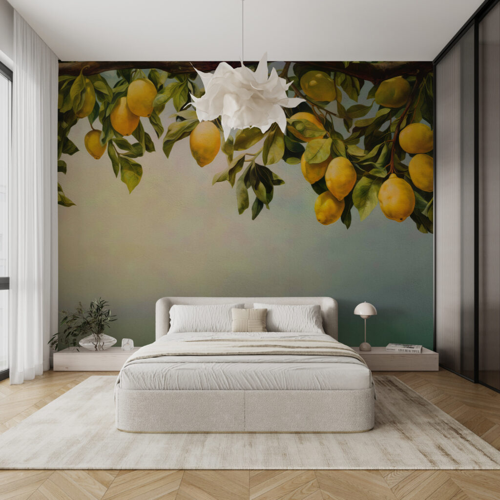 A painting of lemons on a tree branch