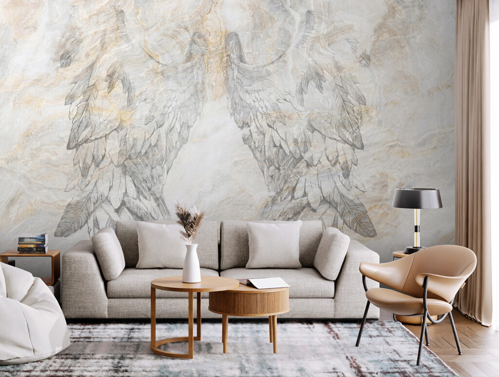 A drawing of wings on a marble surface