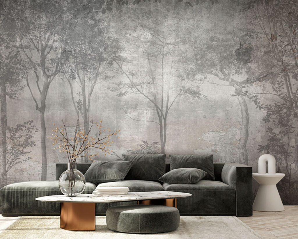 A grey and white photo of trees