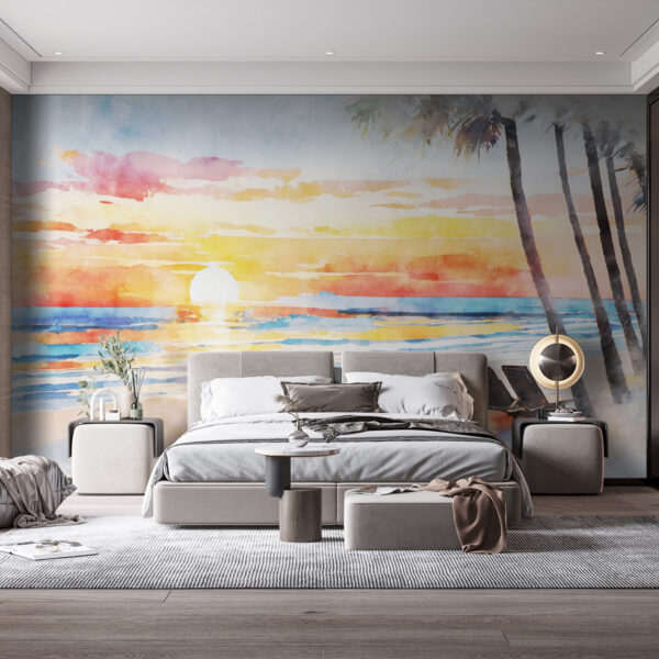 Watercolor of a beach with a sunset Watercolor of a beach with a sunset