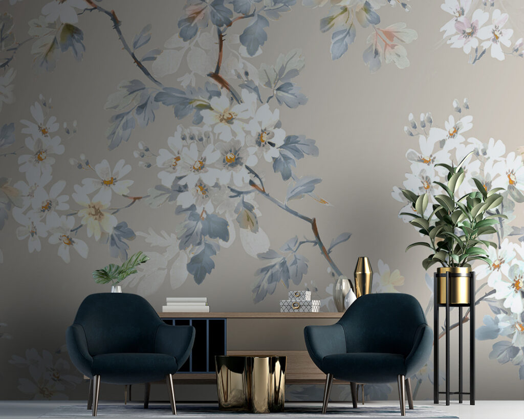 Floral pattern of white flowers and blue leaves Floral pattern of white flowers and blue leaves