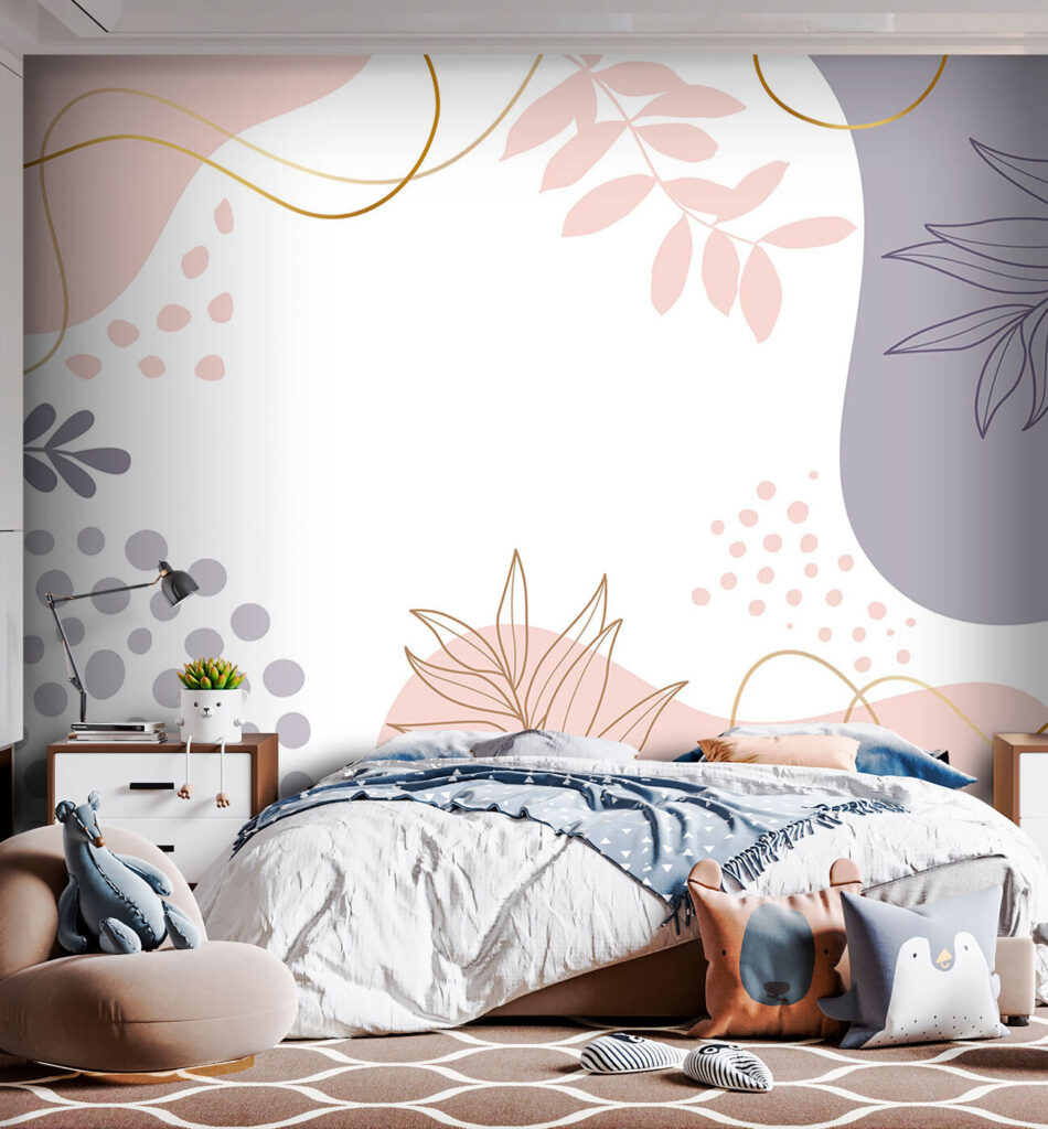 White background with pink and blue and purple shapes and leaves