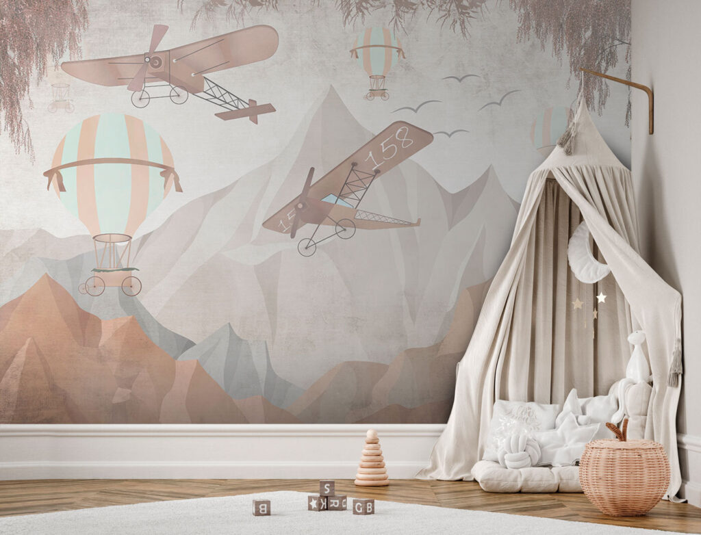 Painting of airplanes flying over mountains Painting of airplanes flying over mountains