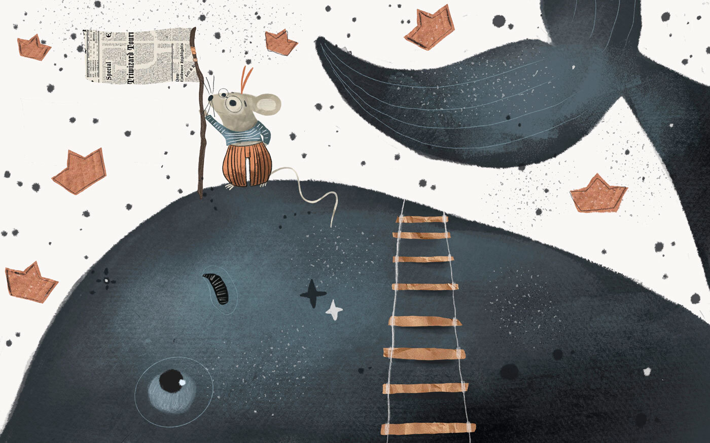 Mouse holding a flag on a whale