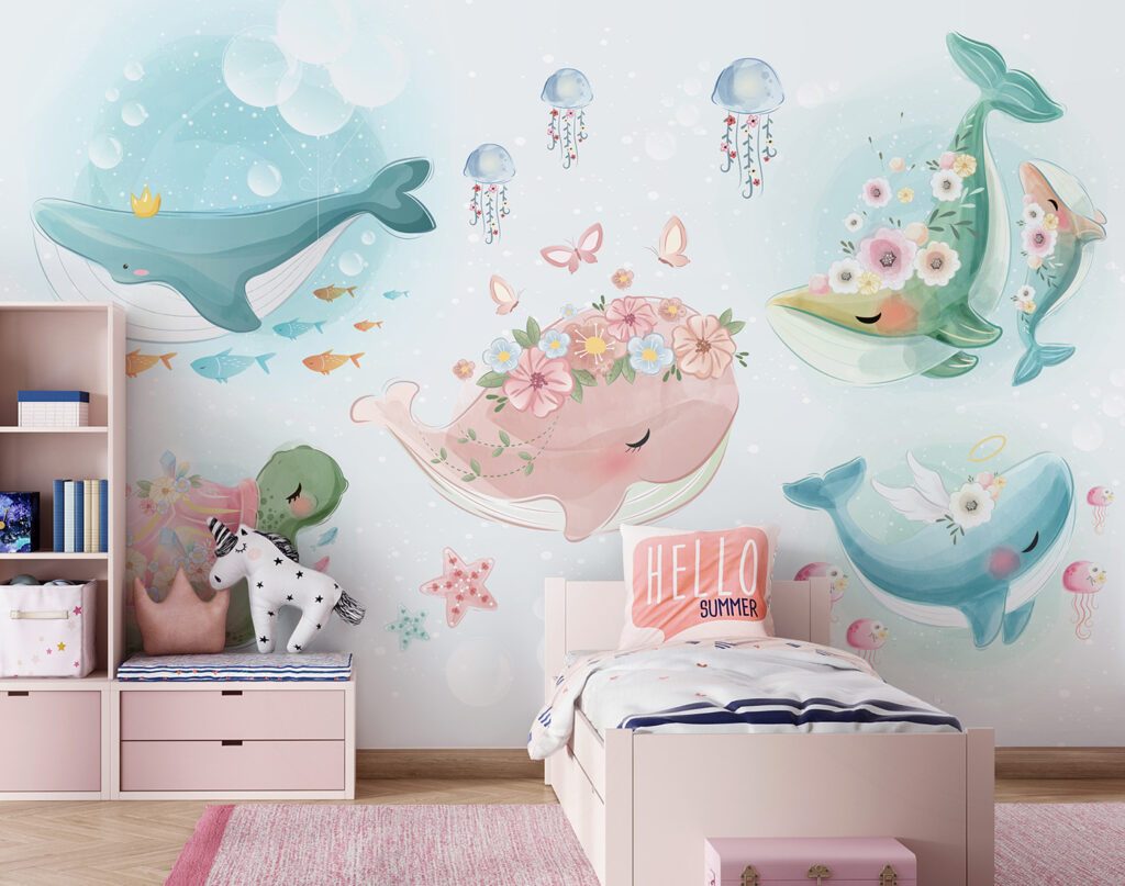 Group of cartoon whales