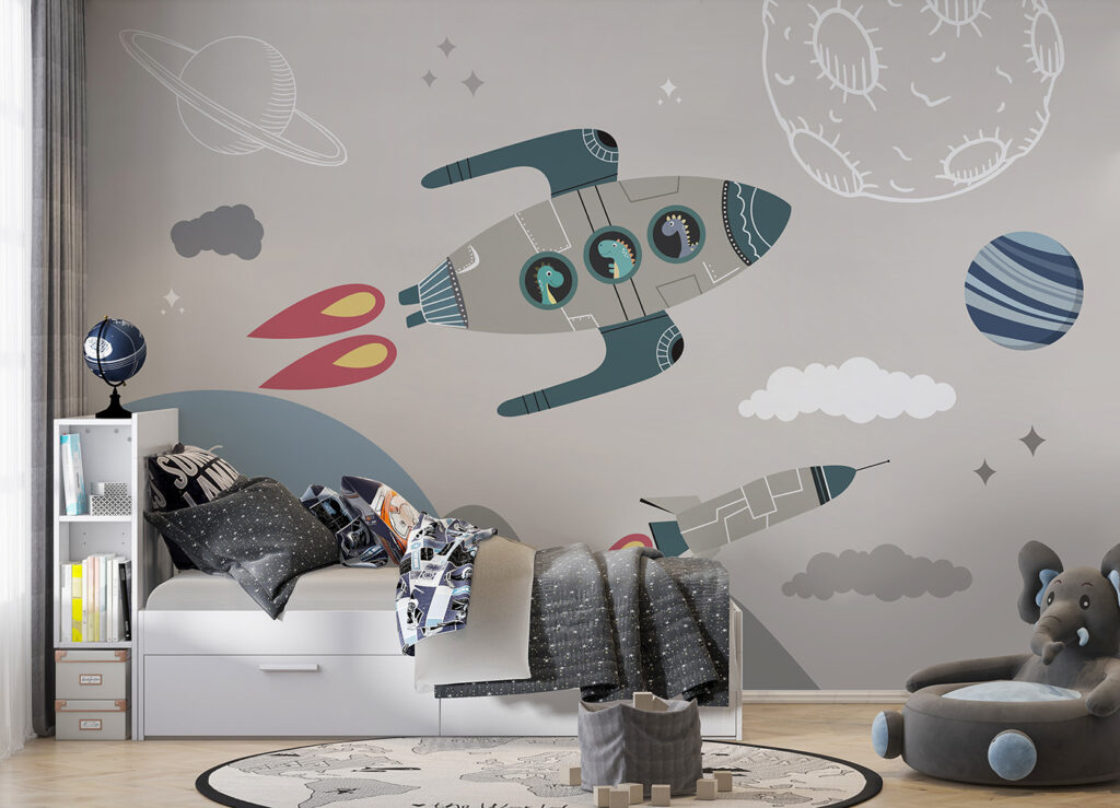 Cartoon rocket ship and rockets in the sky