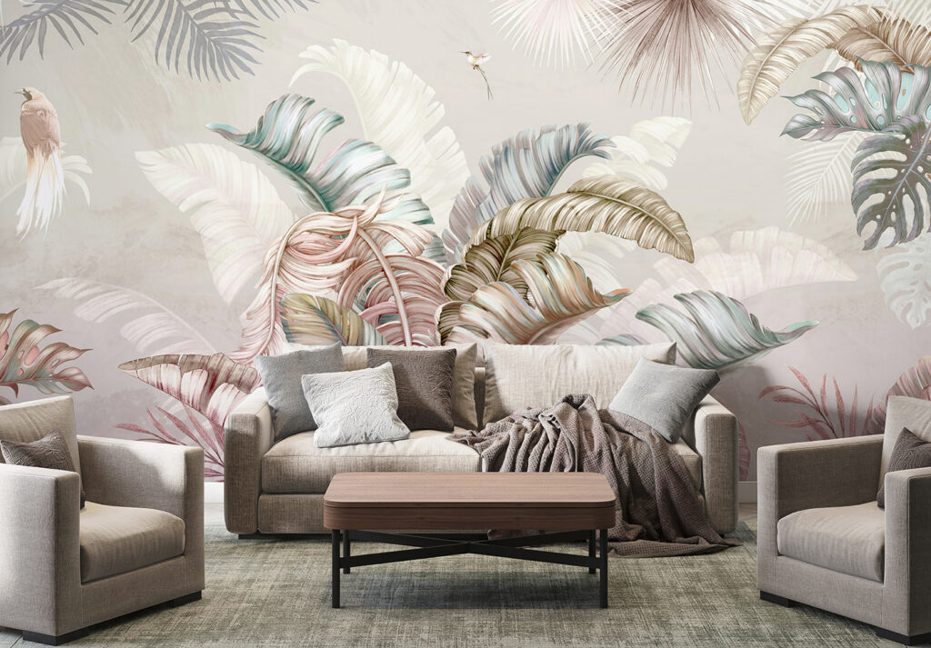 Tropical foliage with delicate birds Tropical foliage with delicate birds