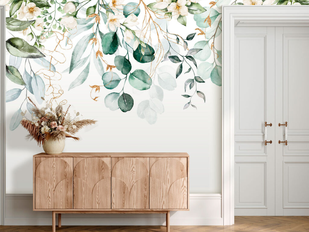 Watercolor painting of leaves and flowers