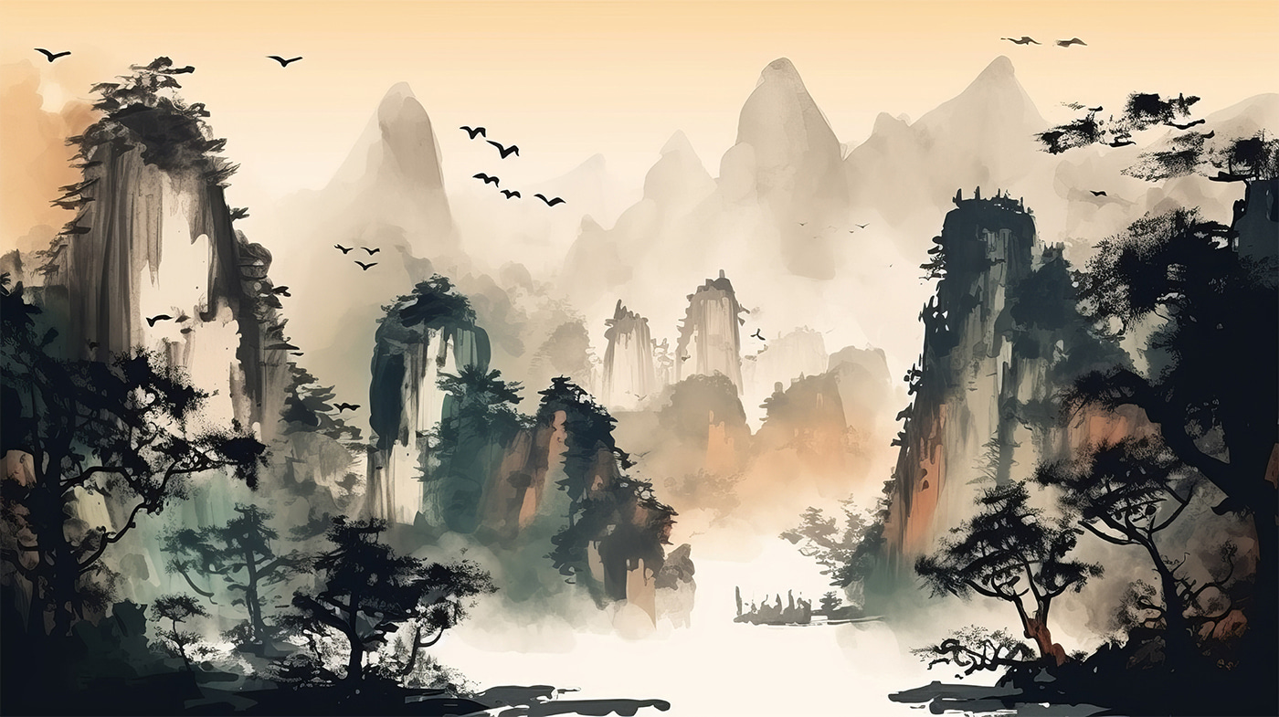 Painting of mountains and trees Painting of mountains and trees