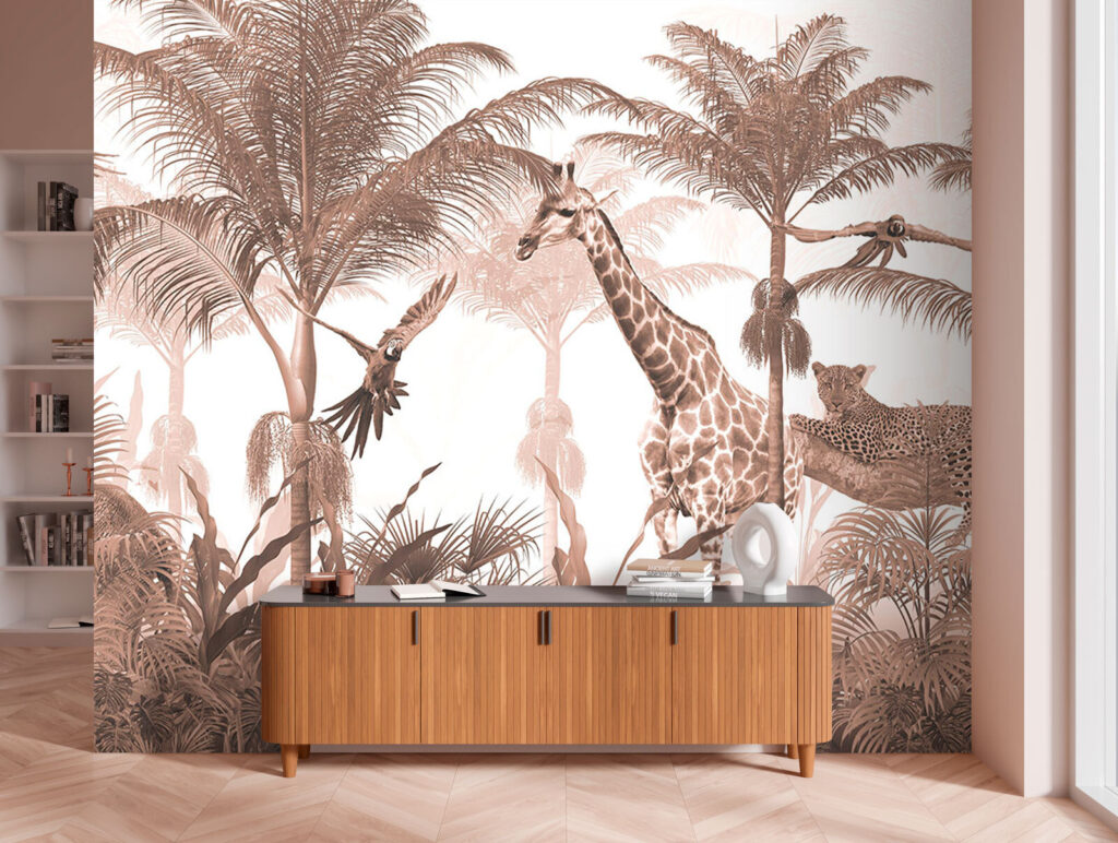 Giraffes and a parrot in a forest Giraffes and a parrot in a forest