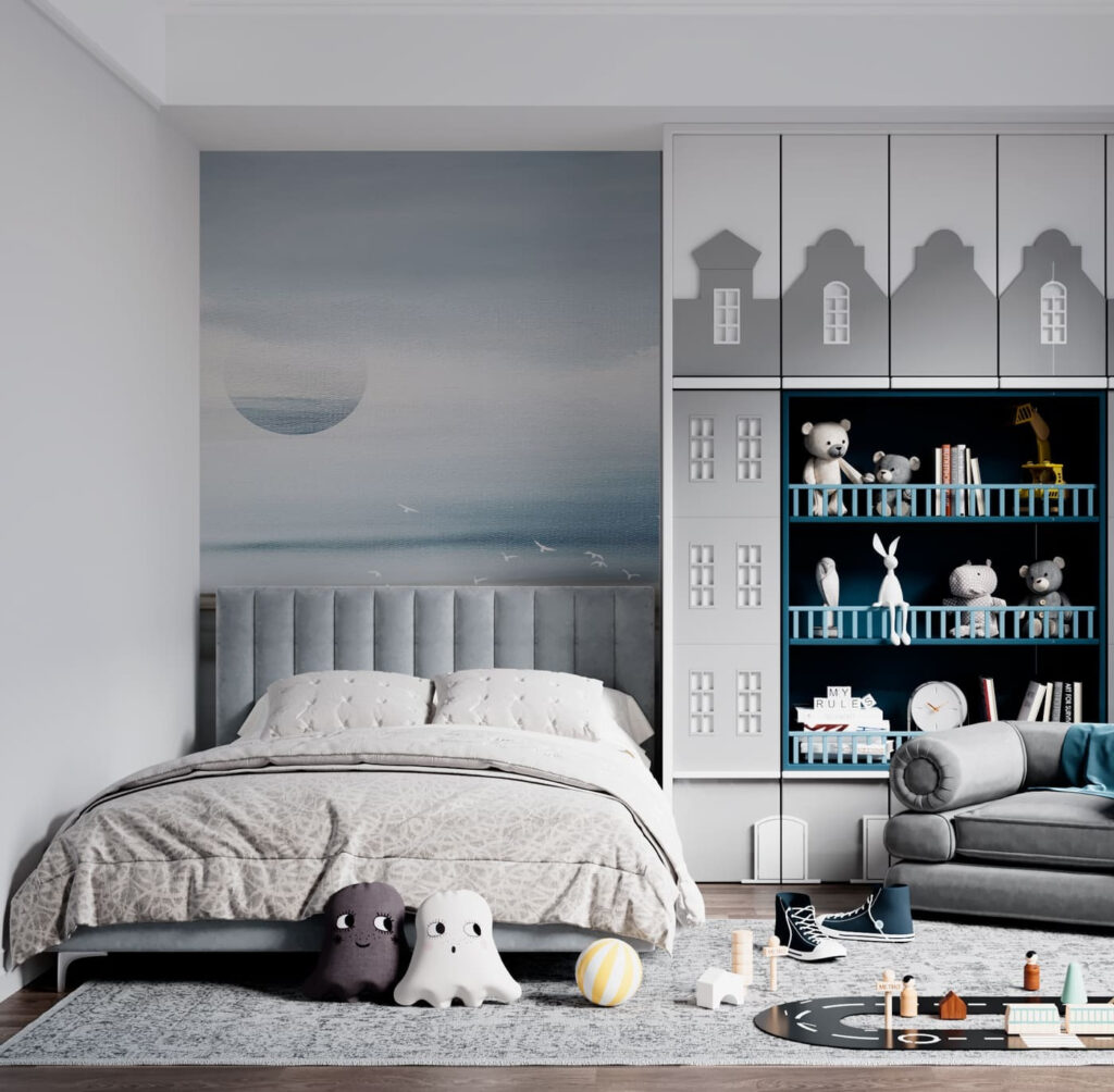 A landscape with birds flying over the horizon