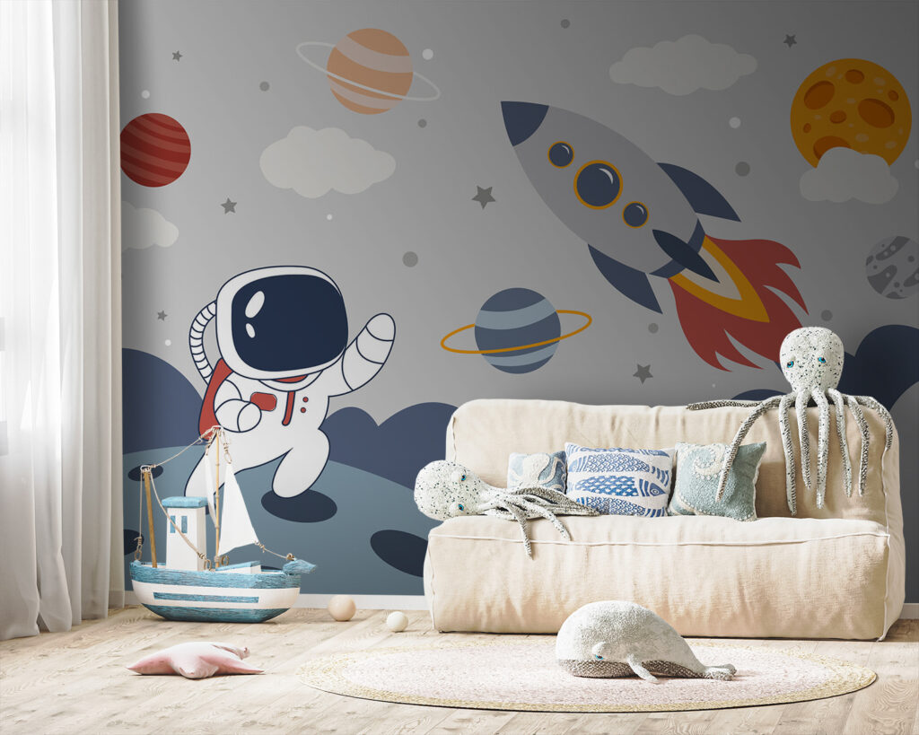 Cartoon an astronaut walking on a planet with a rocket in the sky