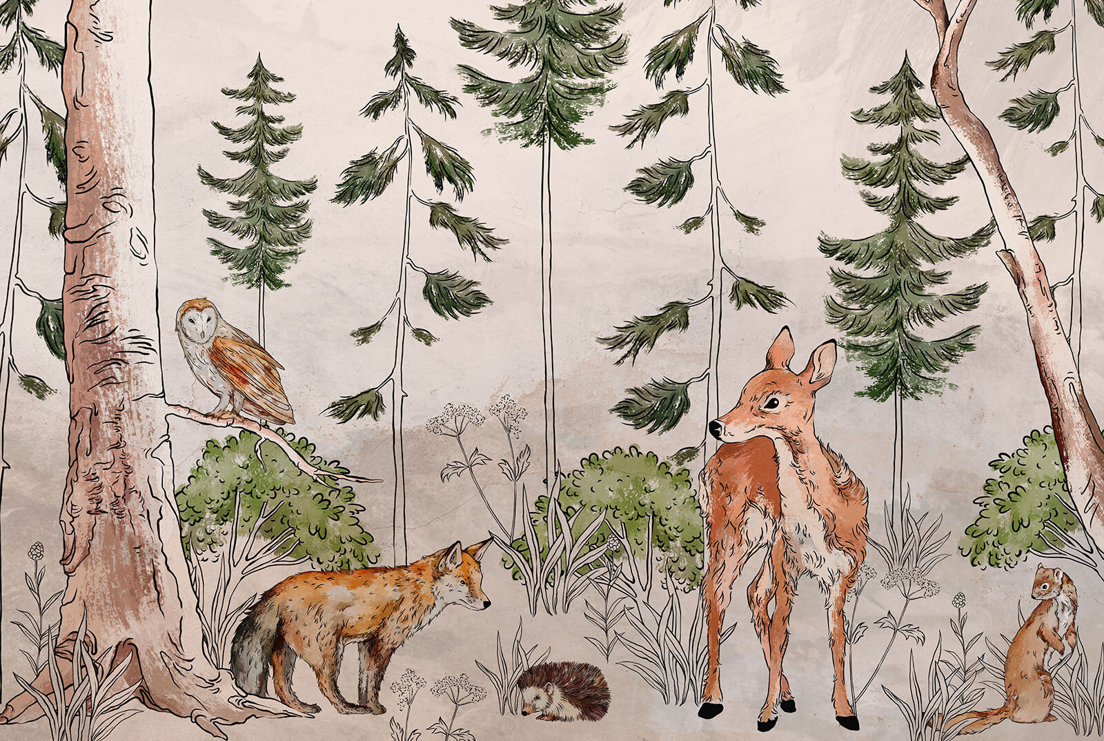 Wall mural with animals and trees