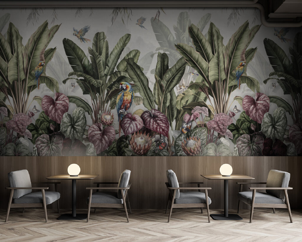 Wallpaper with tropical plants and birds