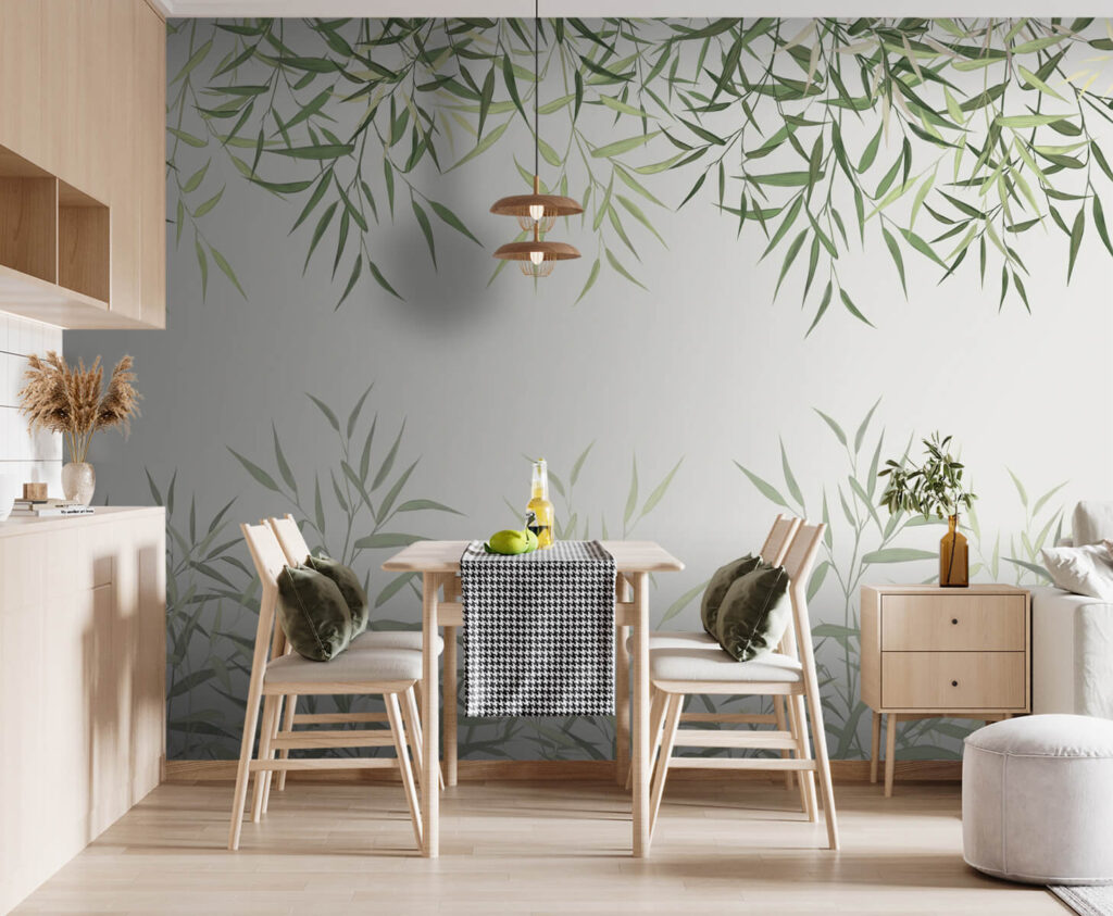 Delicate bamboo leaves on soft background