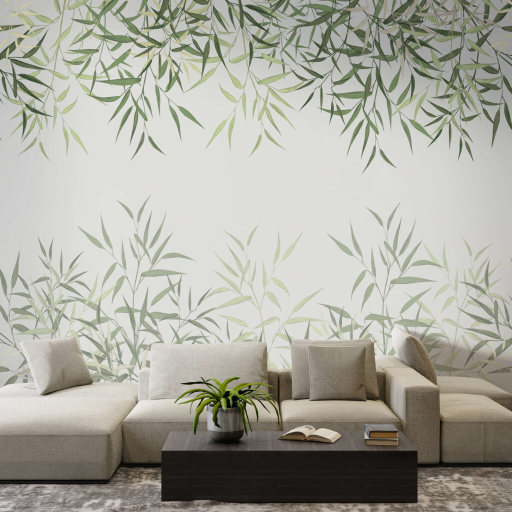 Delicate bamboo leaves on soft background