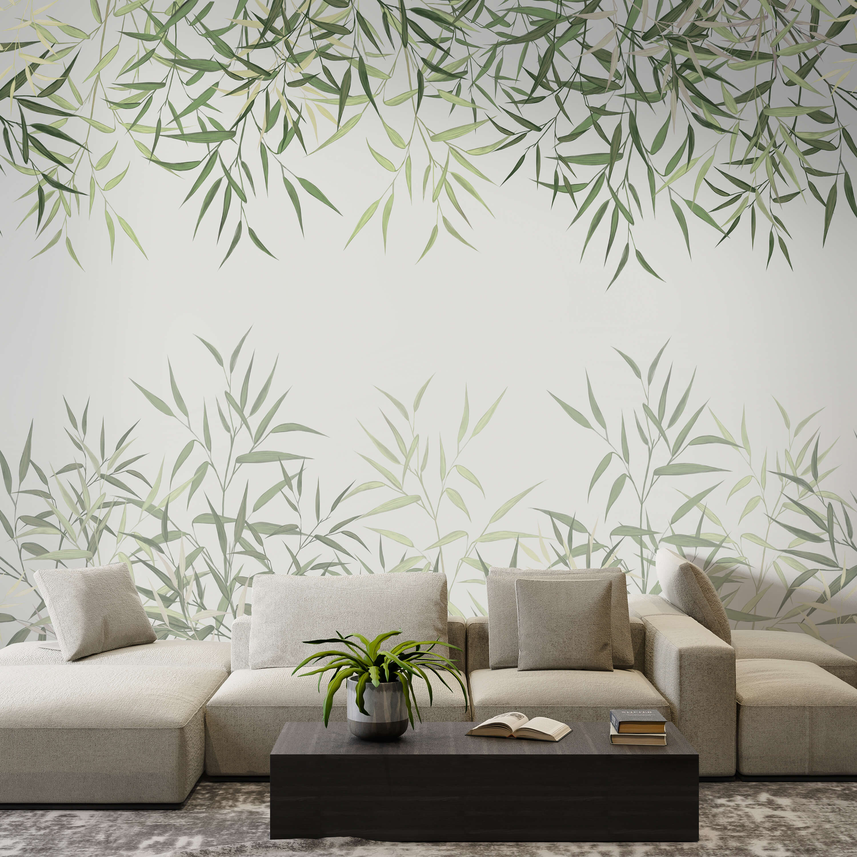 Delicate bamboo leaves on soft background