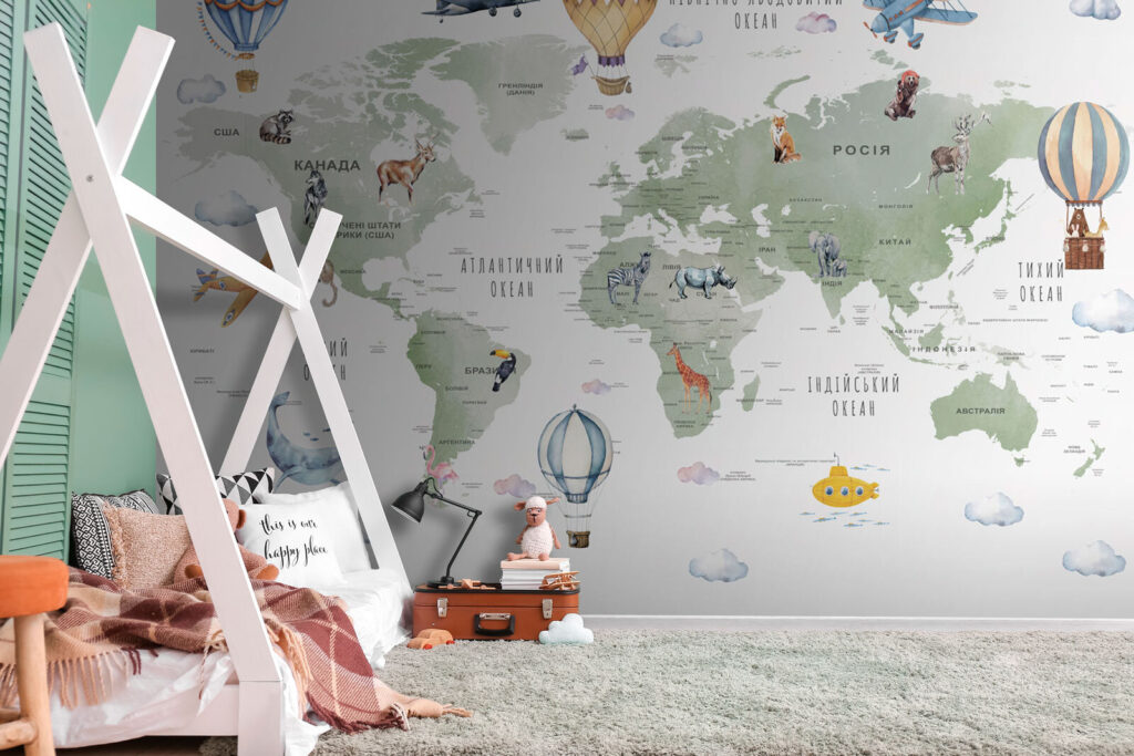 Map of the world with animals and words