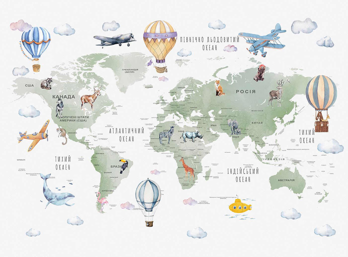 Map of the world with animals and words
