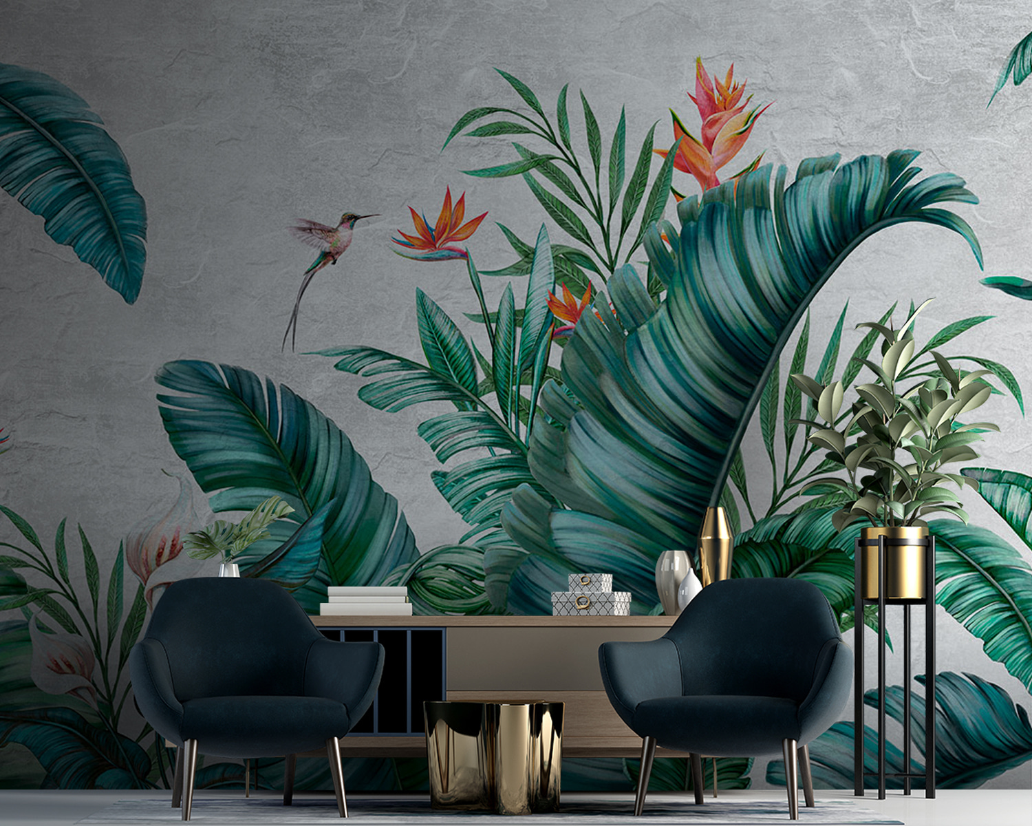 Tropical foliage with vibrant flowers Tropical foliage with vibrant flowers