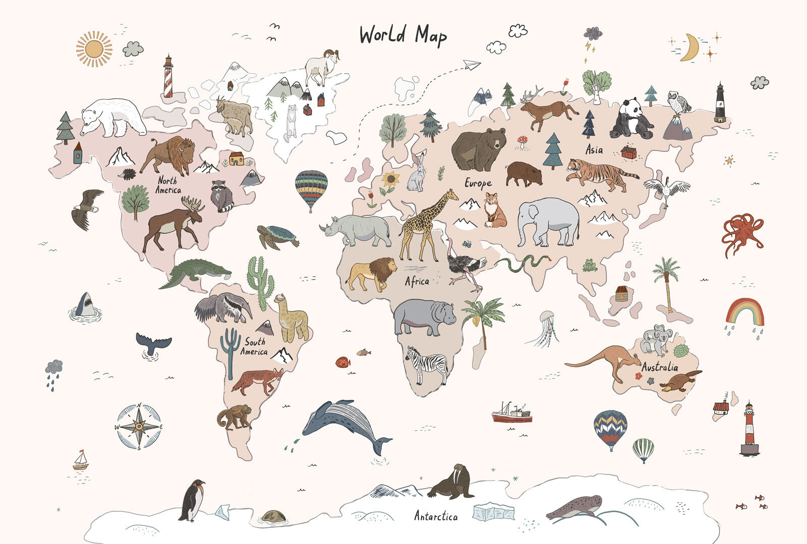 Map of the world with animals