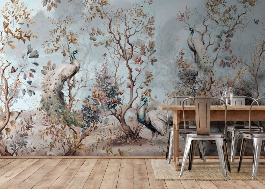 Painting of peacocks in a forest Painting of peacocks in a forest
