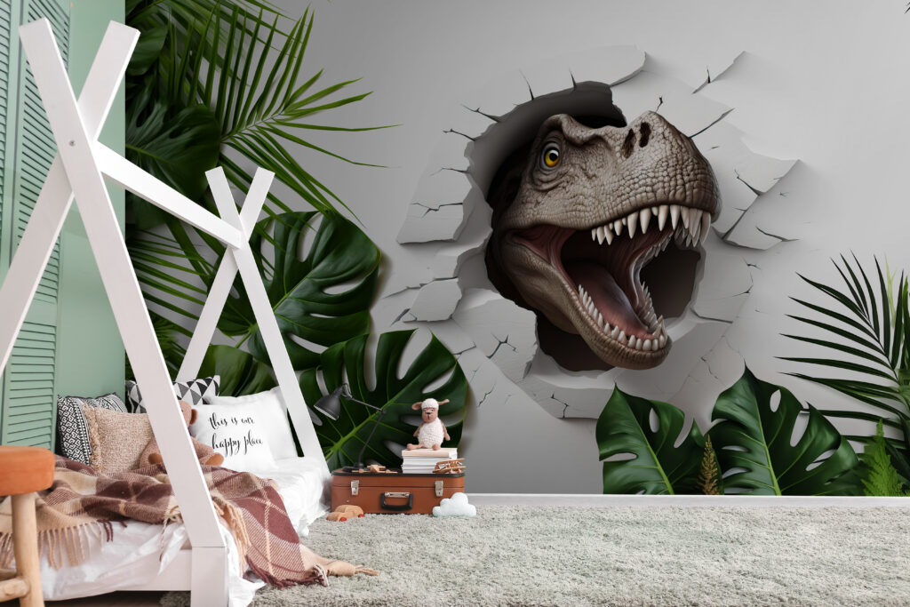 Dinosaur head coming out of a hole in a wall Dinosaur head coming out of a hole in a wall