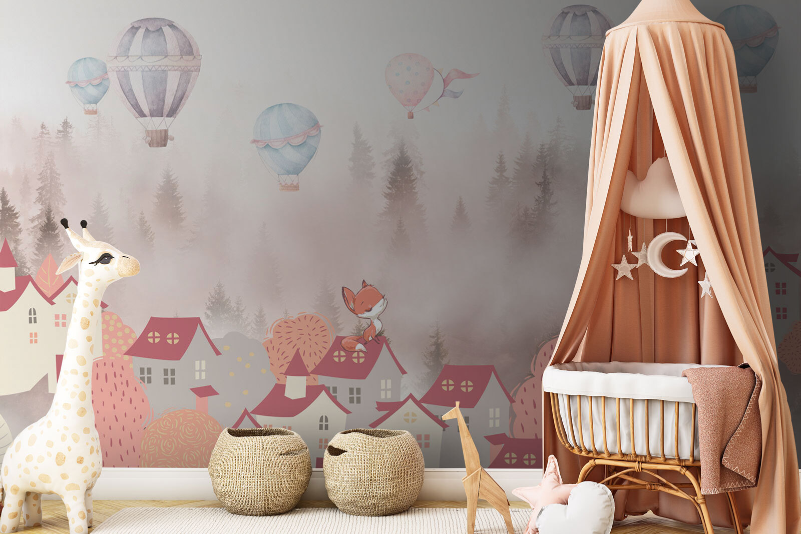 u94690pir1m - Карикатура на лисицю на даху міста з повітряними кулями - tegory