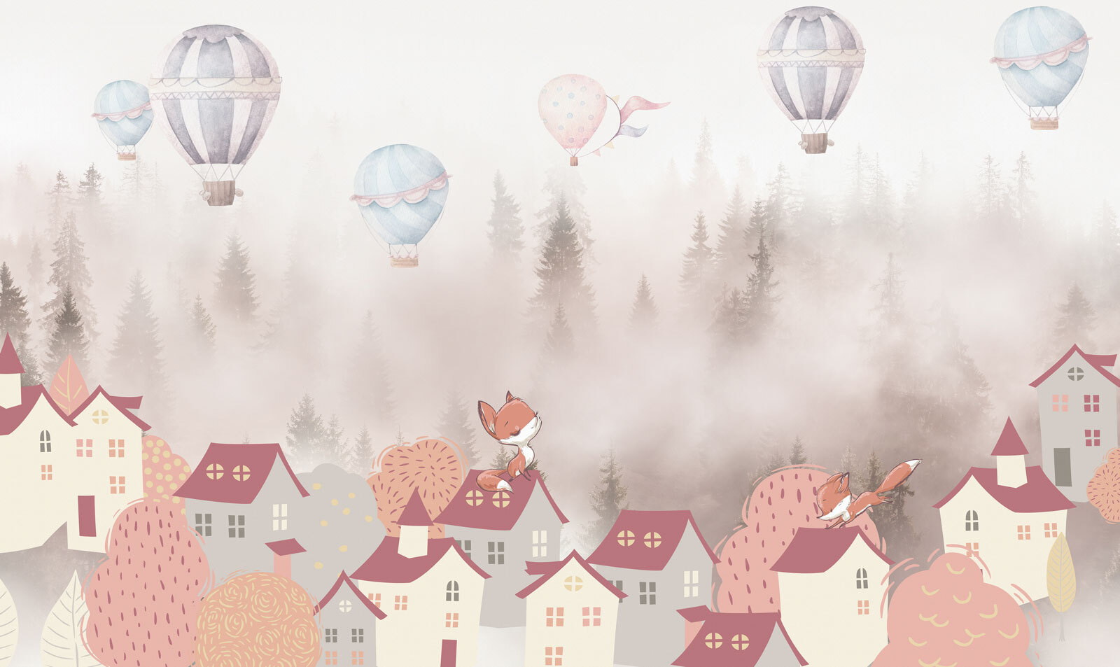 u94690p - Карикатура на лисицю на даху міста з повітряними кулями - tegory