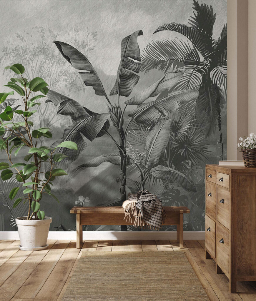 Black and white image of a tropical forest