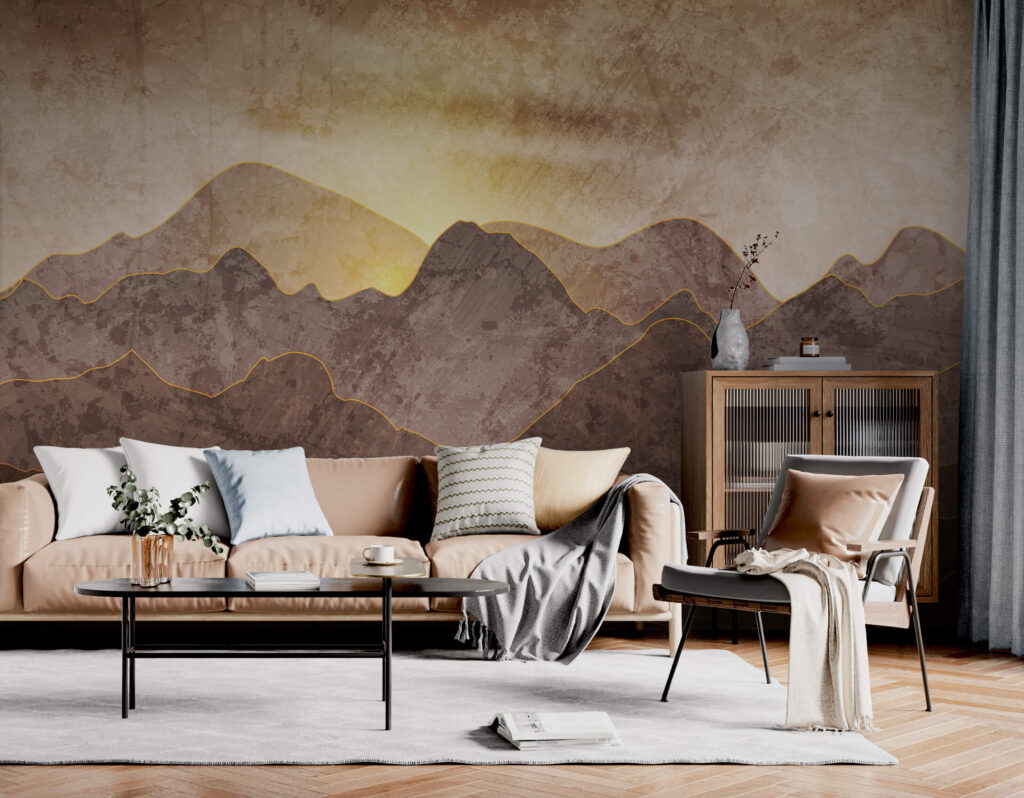 Painting of mountains and sun