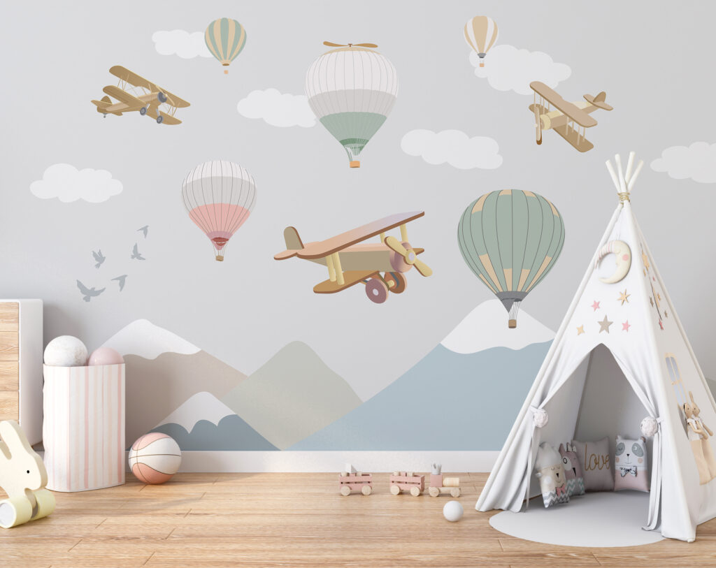 Group of hot air balloons and airplanes Group of hot air balloons and airplanes