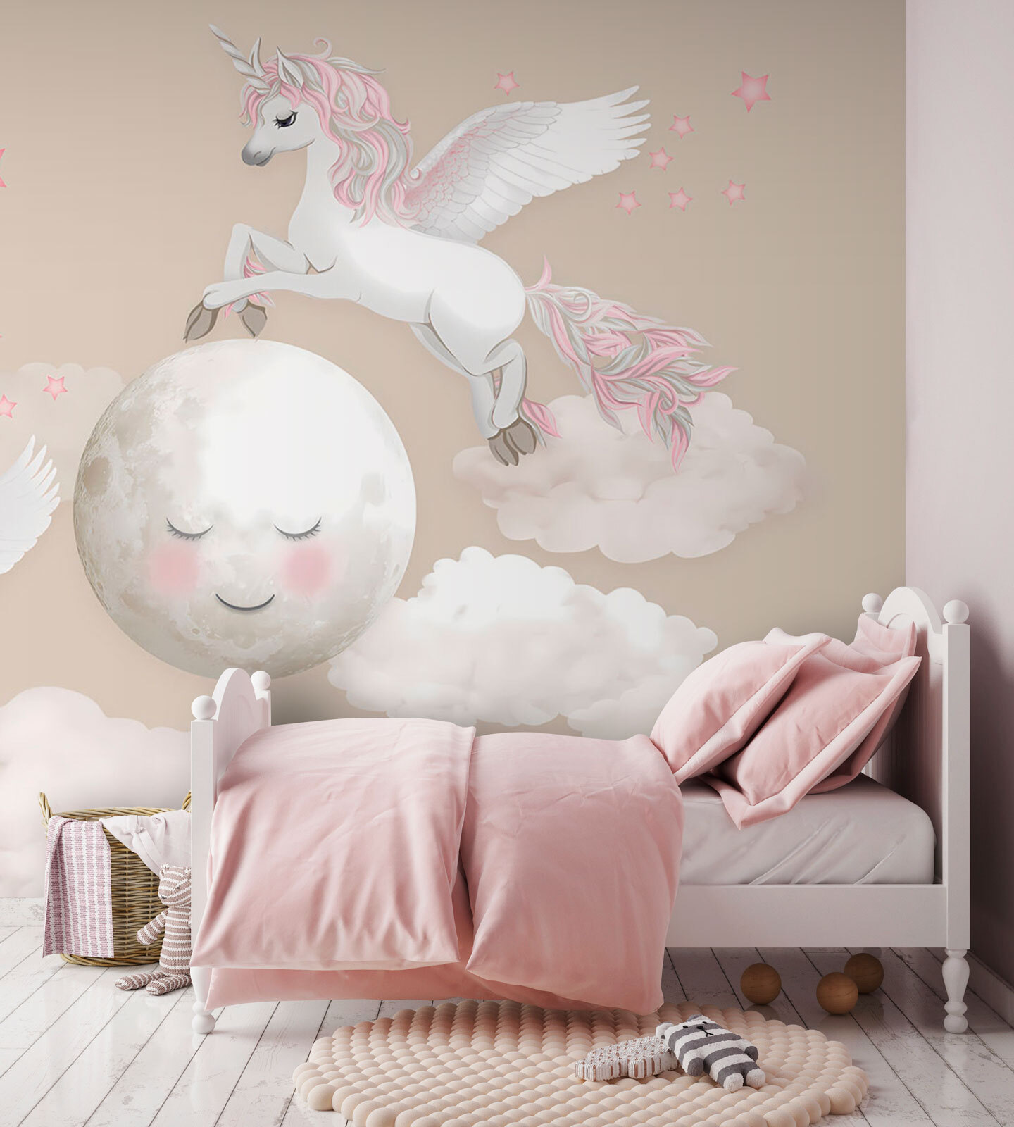 Group of unicorns flying on the moon