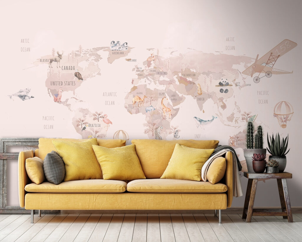 Map of the world with airplanes and polar bears