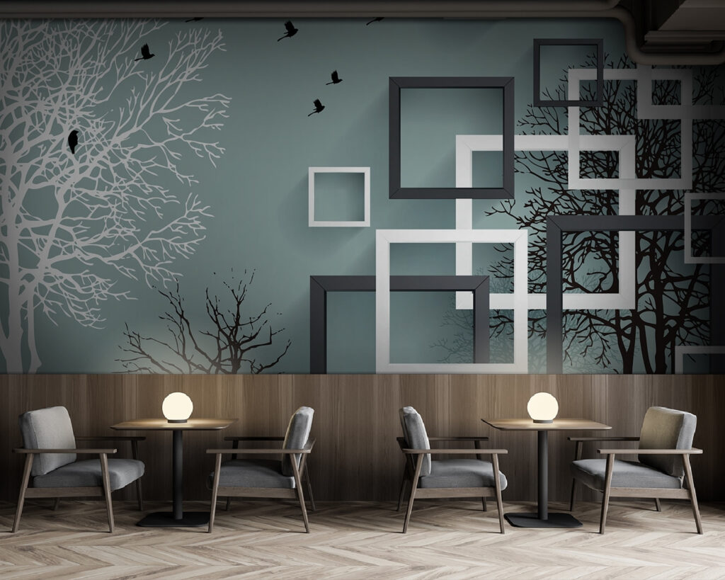 Wall mural with trees and birds flying