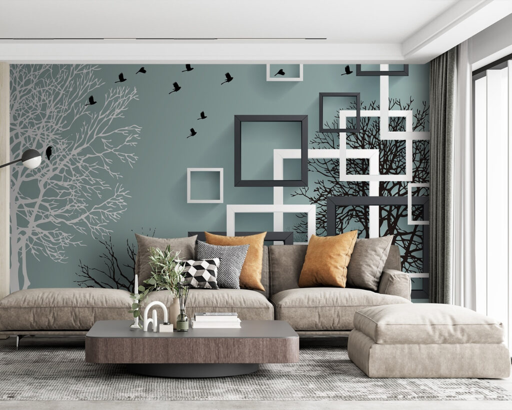 Wall mural with trees and birds flying
