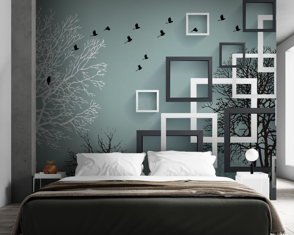 Wall mural with trees and birds flying