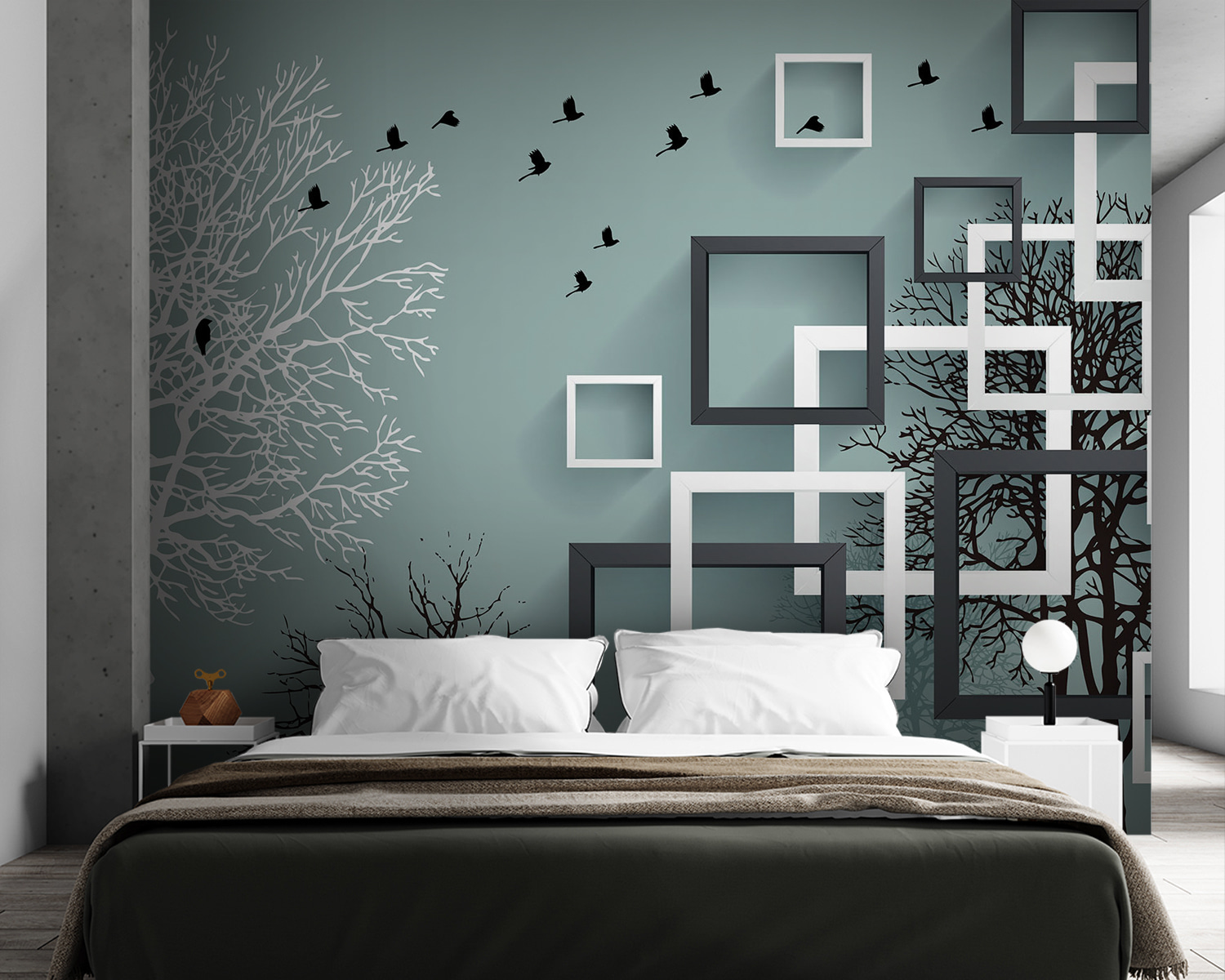Wall mural with trees and birds flying