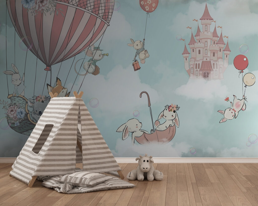 Cartoon of animals in a hot air balloon