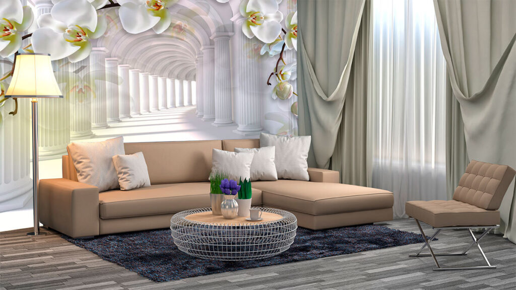 White columns and flowers in a hallway White columns and flowers in a hallway