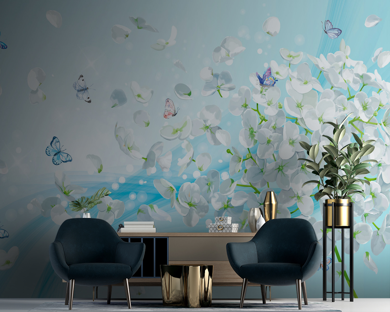 u93477pig10m - Білі квіти з літаючими метеликами - tegory