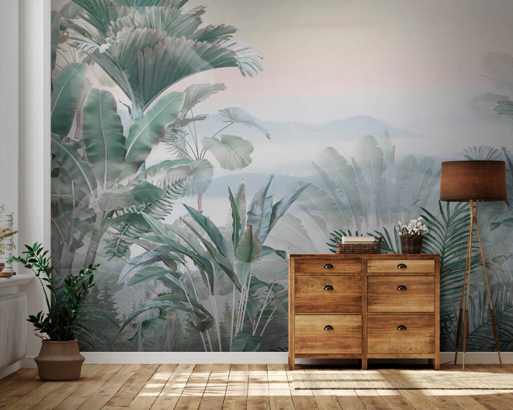 Foggy landscape with plants