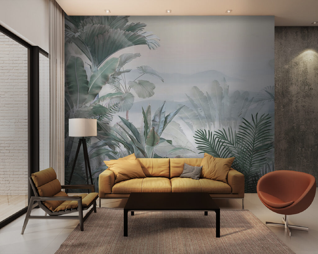 Foggy landscape with plants