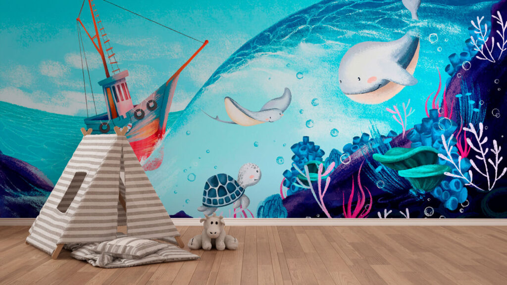 Cartoon of a boat and sea animals