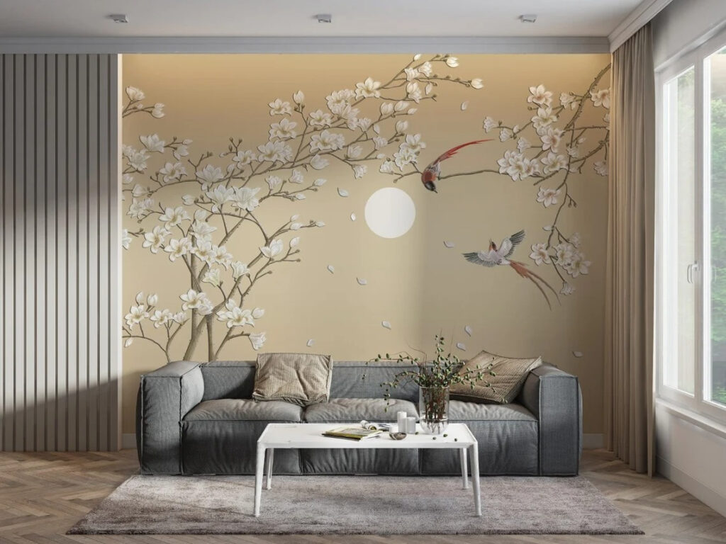 Tree with white flowers and birds Tree with white flowers and birds