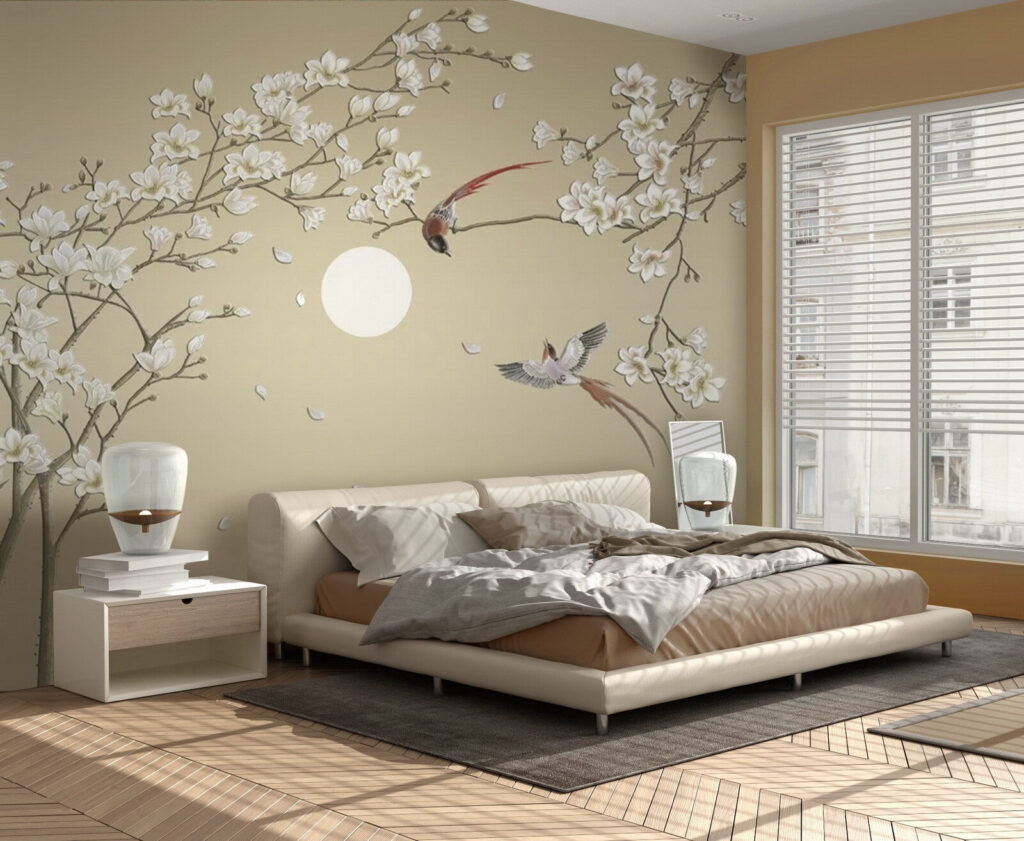 Tree with white flowers and birds Tree with white flowers and birds