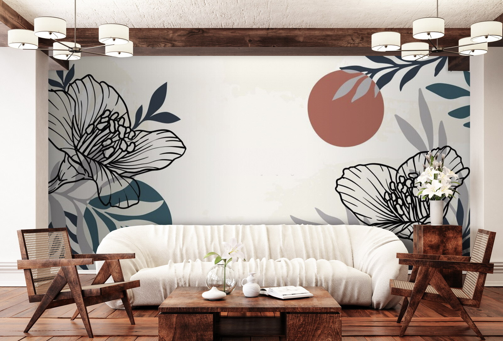 Біле тло з чорно-білими квітами та листям u71814pig1m - Біле тло з чорно-білими квітами та листям - tegory