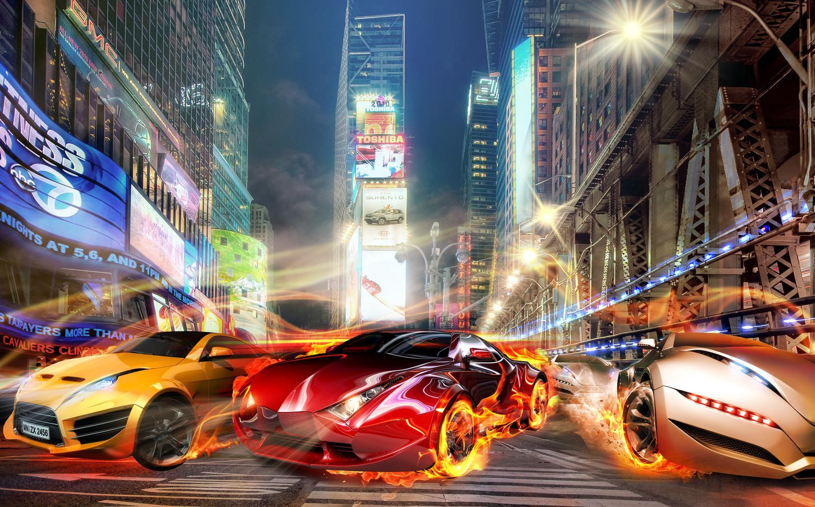 Car on fire in a city Car on fire in a city