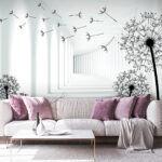 Фотошпалери Дівчинка їде на велосипеді в кімнаті з кульбабами