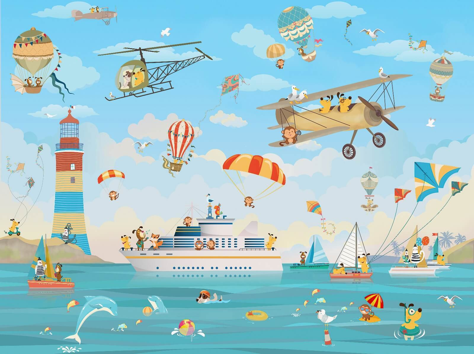 Cartoon animals flying over a boat Cartoon animals flying over a boat